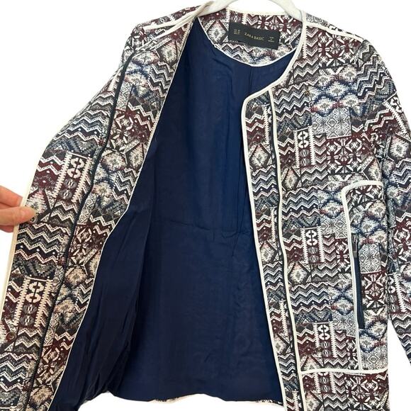 Zara Basic Patchwork Motorcycle Longline Blazer Jacket sz XS Tapestry Jacquard - Picture 4 of 8